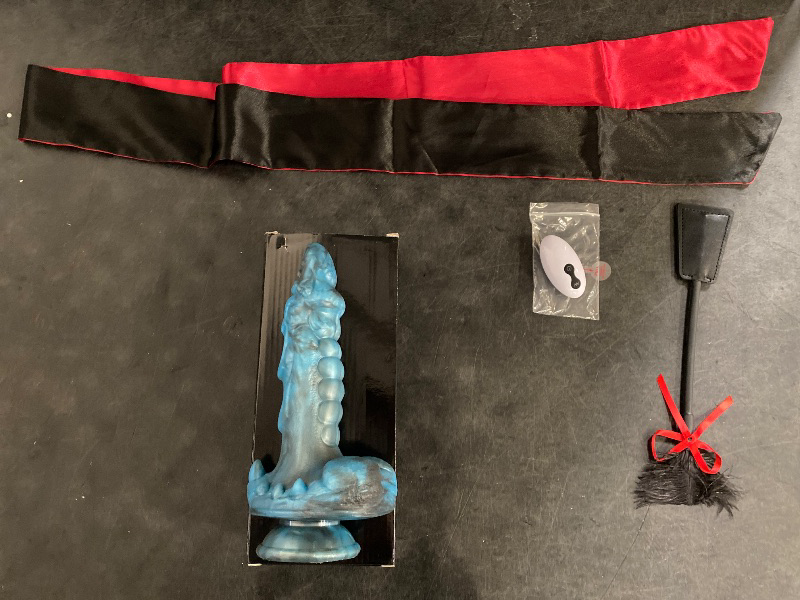 Photo 1 of 2 Item Adult Content Bundle : Feather Mask French Tickler Whip Feather Satin Blindfold Eye Silk Mask Faux Leather Feather Tickler + Cocky Monster W Massager (Please Clean Any Products)
