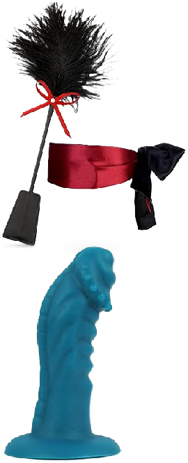 Photo 1 of 2 Item Adult Content Bundle : Feather Mask French Tickler Whip Feather Satin Blindfold Eye Silk Mask Faux Leather Feather Tickler + Cocky Monster W Massager (Please Clean Any Products)