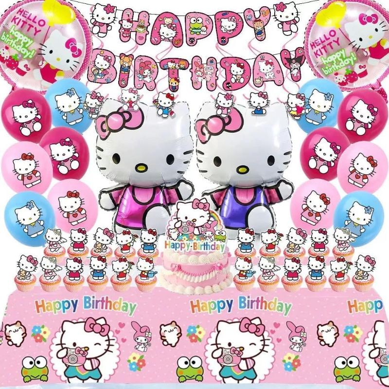 Photo 1 of 53 Pc Hello Kitty Birthday Party Decorations Set, Pink Theme with Banner, Balloons, Tablecloth, Cake Toppers