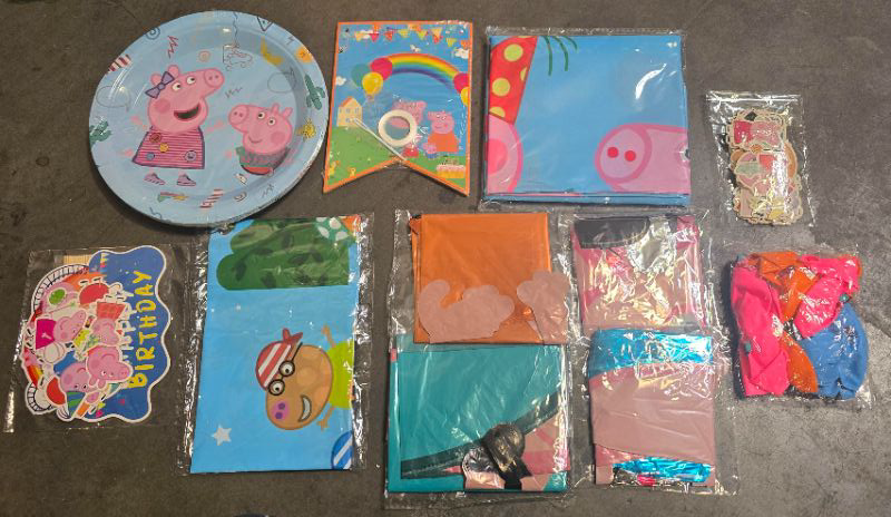 Photo 1 of Peppa Pig Party Supplies with Plates ,Banner, Table Cloth, Character Balloons, A Pack Regular Balloons, Sticker Bundle , And cake Topper