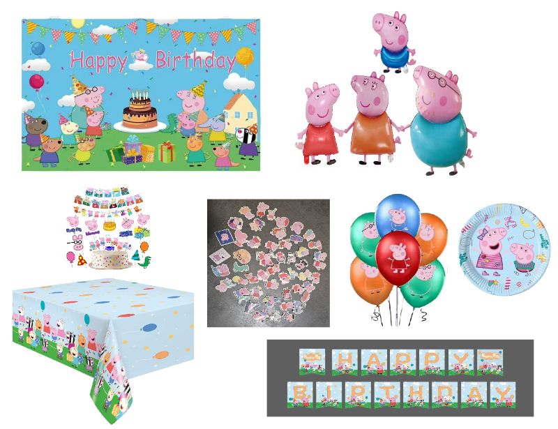 Photo 1 of Peppa Pig Party Supplies with Plates ,Banner, Table Cloth, Character Balloons, A Pack Regular Balloons, Sticker Bundle , And cake Topper