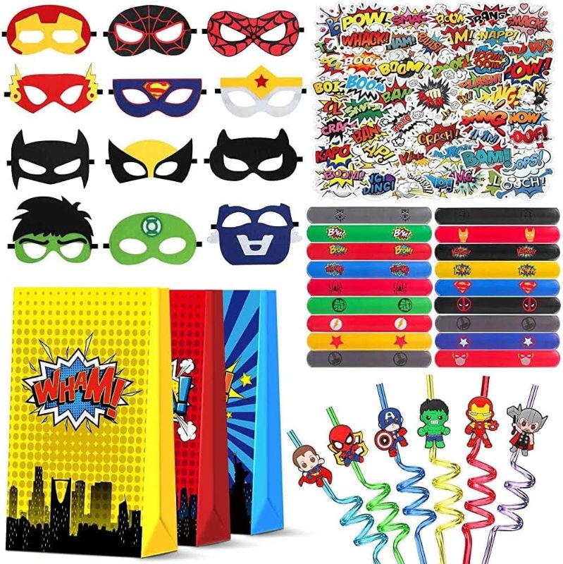 Photo 1 of Hero Party Favors Birthday Party Supplies Bundle - Including Hero Masks, Gift Bags, Slap Bracelets, Stickers, Reusable Straws for Kids Hero Birthday Party Decorations