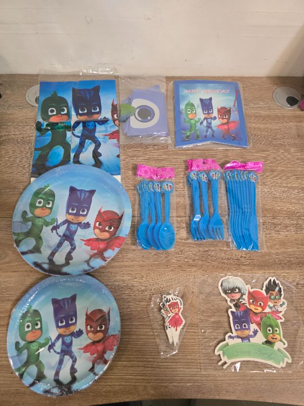 Photo 1 of PJ Masks Party Decorations for 20 Guests, PJ Masks Birthday Party Favors, Party Supplies Pack Includes Tableware, Napkins, Tablecloth, Banner, Pennant, Blowouts, Balloons, Cake Topper