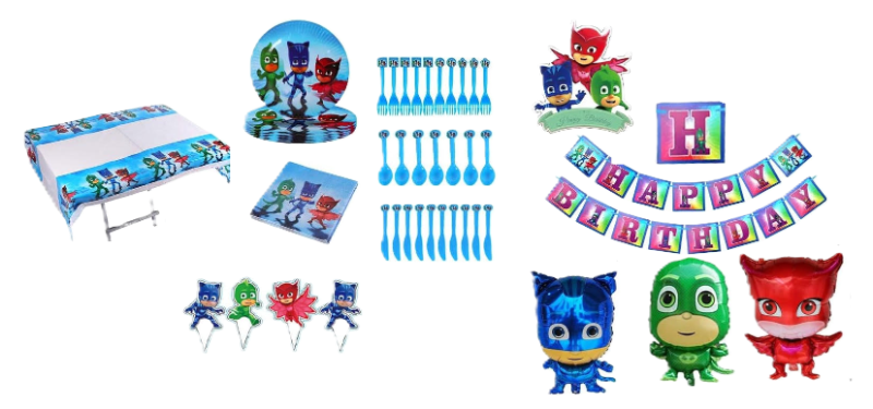 Photo 1 of PJ Masks Party Decorations for 20 Guests, PJ Masks Birthday Party Favors, Party Supplies Pack Includes Tableware, Napkins, Tablecloth, Banner, Pennant, Blowouts, Balloons, Cake Topper