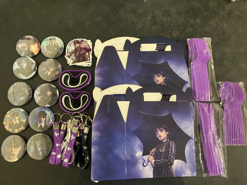 Photo 1 of Wednesday Birthday Party Bundle 12 Pins, 10 Bags, 10 Forks, 10 Spoons, 10 Knives, 50 Stickers, 12 Bracelets with The Hand 