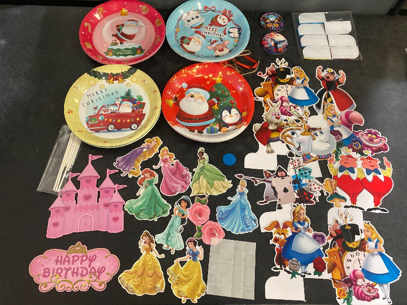 Photo 1 of Disney Birthday Set Bundle + MISC. Seasonal & Party Supplies | 12 Cake Toppers, 40 Plates, 9 Standing Decor, 2 Misc. Christmas Tree Ornaments