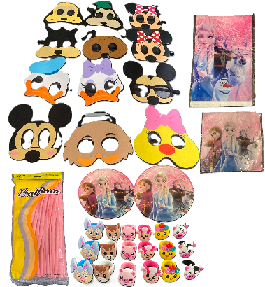 Photo 1 of Disney With Balloons Bundle | 18 Party Favor Rings, 12 Character Face Masks, Pink Balloons, 20 Plates, ~50 Napkins 1 Table Cover Frozen