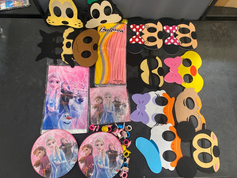 Photo 1 of Disney With Balloons Bundle | 18 Party Favor Rings, 12 Character Face Masks, Pink Balloons, 20 Plates, ~50 Napkins 1 Table Cover Frozen