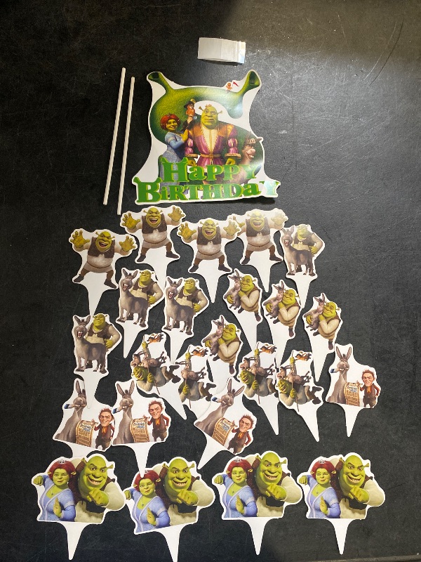 Photo 1 of Animated Characters Birthday Bundle | 50 Gift Bags Moana, 50+ Balloons, 24 Cupcake Toppers Shrek, 1 Large Cake Topper Shrek,  FNAF: 20 Small Cake Toppers , 20+ Stickers , 16 Balloons , 1 Large Cake Topper, Table Cover, Large Balloons , Happy Birthday Stri