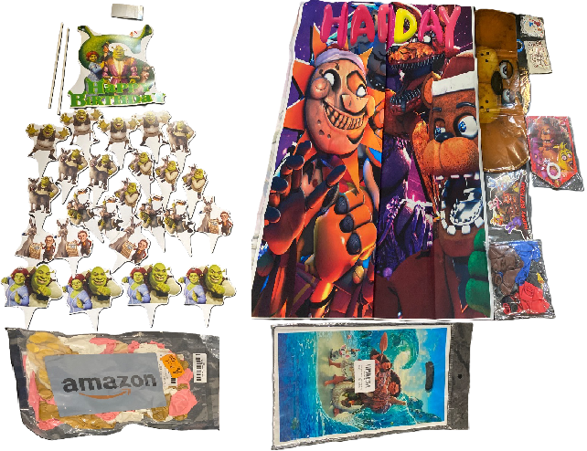 Photo 1 of Animated Characters Birthday Bundle | 50 Gift Bags Moana, 50+ Balloons, 24 Cupcake Toppers Shrek, 1 Large Cake Topper Shrek,  FNAF: 20 Small Cake Toppers , 20+ Stickers , 16 Balloons , 1 Large Cake Topper, Table Cover, Large Balloons , Happy Birthday Stri
