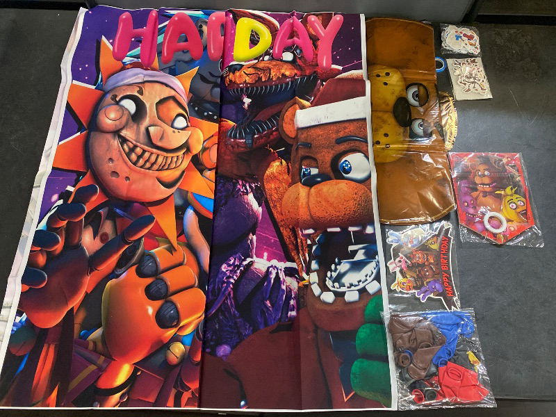 Photo 1 of Animated Characters Birthday Bundle | 50 Gift Bags Moana, 50+ Balloons, 24 Cupcake Toppers Shrek, 1 Large Cake Topper Shrek,  FNAF: 20 Small Cake Toppers , 20+ Stickers , 16 Balloons , 1 Large Cake Topper, Table Cover, Large Balloons , Happy Birthday Stri