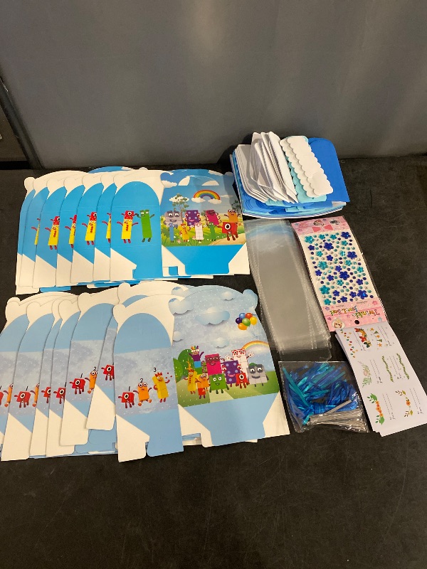 Photo 1 of Animated Character Birthday Bundle | 16 Goodie Boxes, Foam Decor and Stickers, Clear Goodie Bags with Ties, To From Stickers, Twinkle Cellphone Jewel Stickers