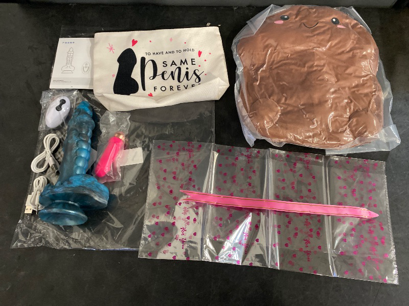 Photo 1 of 4 Item Adult Items Bundle | 1White  Beauty Accessory Holder, 1 Brown Adult Themed Plush, One pink Adult Toy and One Blue Dildo with white Adult Toy included