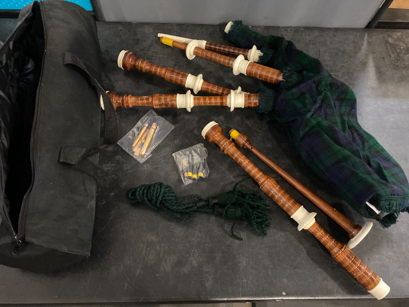 Photo 1 of Highland Redstone Scottish Bagpipe – Full Size Cocuswood Bagpipe in Rosewood Finish with Silver Plain Mounts & Free Tutor Book in Various Tartans (Black Watch Tartan)