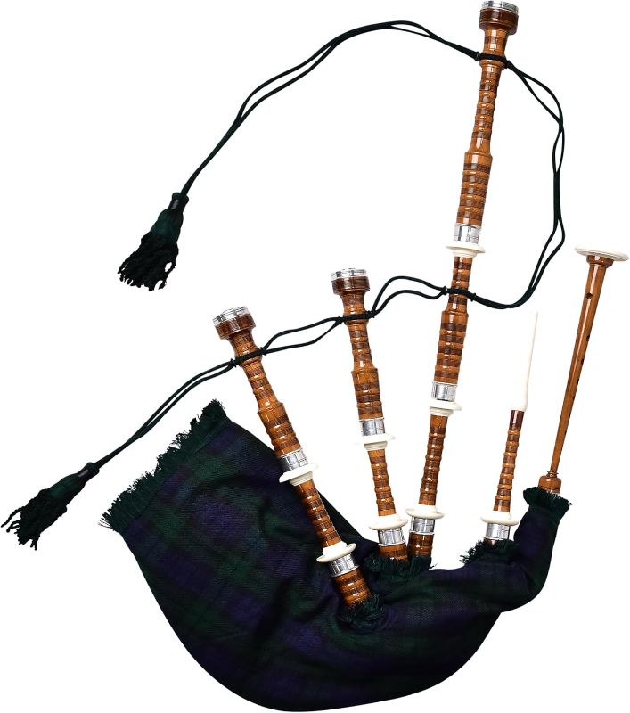 Photo 1 of Highland Redstone Scottish Bagpipe – Full Size Cocuswood Bagpipe in Rosewood Finish with Silver Plain Mounts & Free Tutor Book in Various Tartans (Black Watch Tartan)
