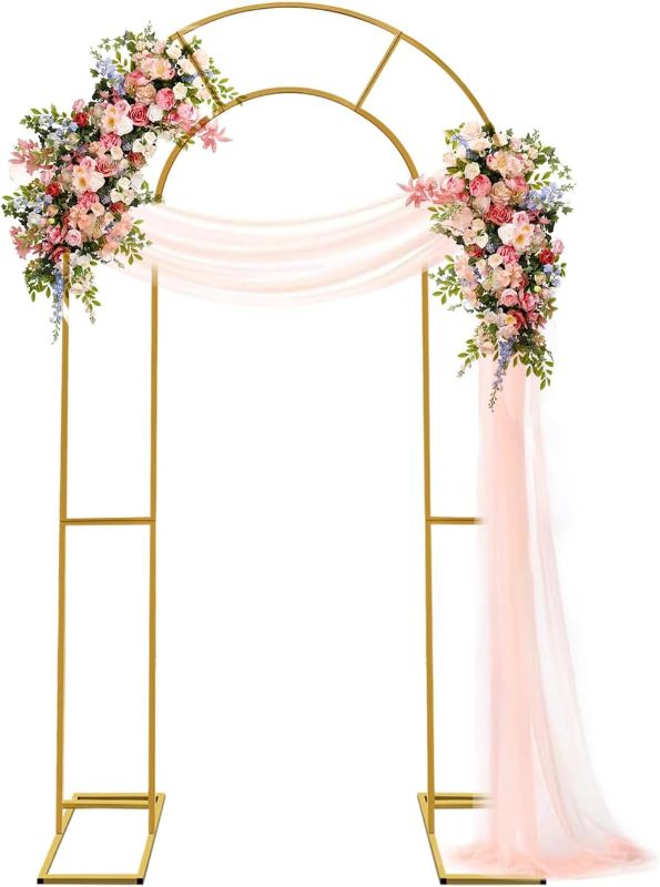 Photo 1 of Double Arch Backdrop Stand Metal Open Arch Backdrop Frame U Shaped Wedding Arches for Ceremony Baby Shower Garden Birthday Party Decoration (Gold, 6.6FT×3.3FT)