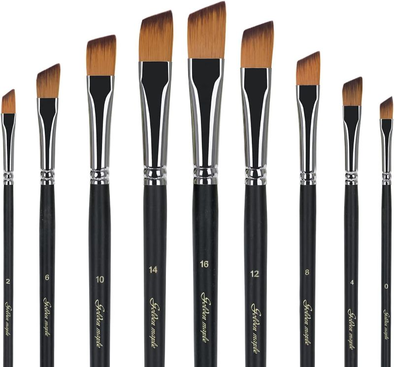 Photo 1 of Golden Maple Angular Paint Brush, 9PC Oblique Tip Nylon Hair Long Handle Angled Paint Brushes Set Art Artist Professional Painting Supplies for Acrylic, Watercolor, Gouache and Oil Painting