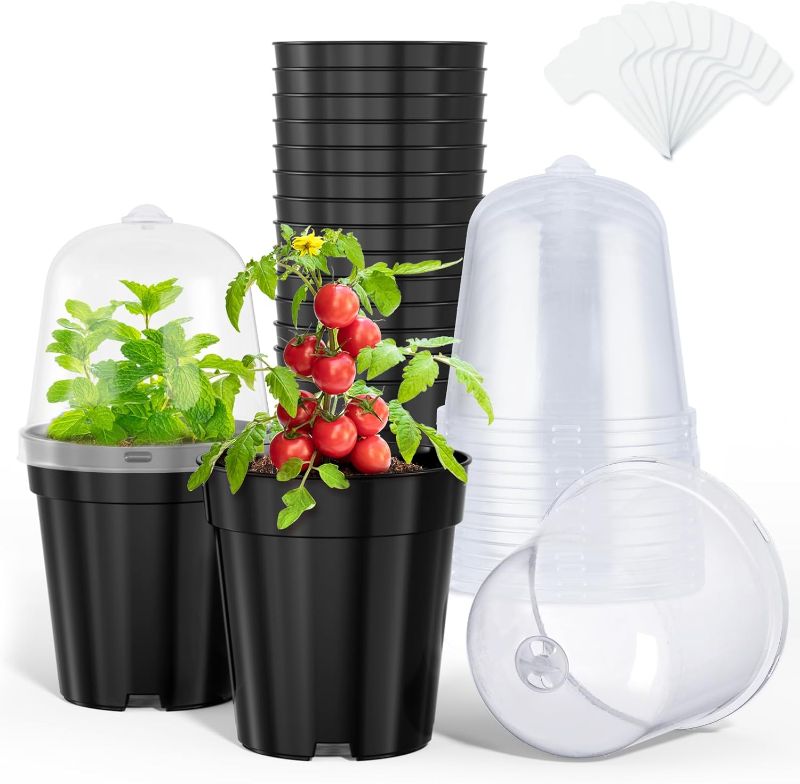 Photo 1 of homenote Nursery Pots for Plants,5 Inch Plant Pot for Planting with Humidity Domes Plastic Seedling with Drainage Holes Seed Starter Flower with 10 Labels Black (15 Pack)
