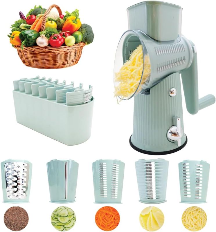 Photo 1 of Kitsy 5-in-1 Rotary Cheese Grater with Handle – Manual Cheese Shredder & Vegetable Slicer with 5 Blades, Strong Suction Base – Grater for Cheese, Veggies, Nuts (Light Green)