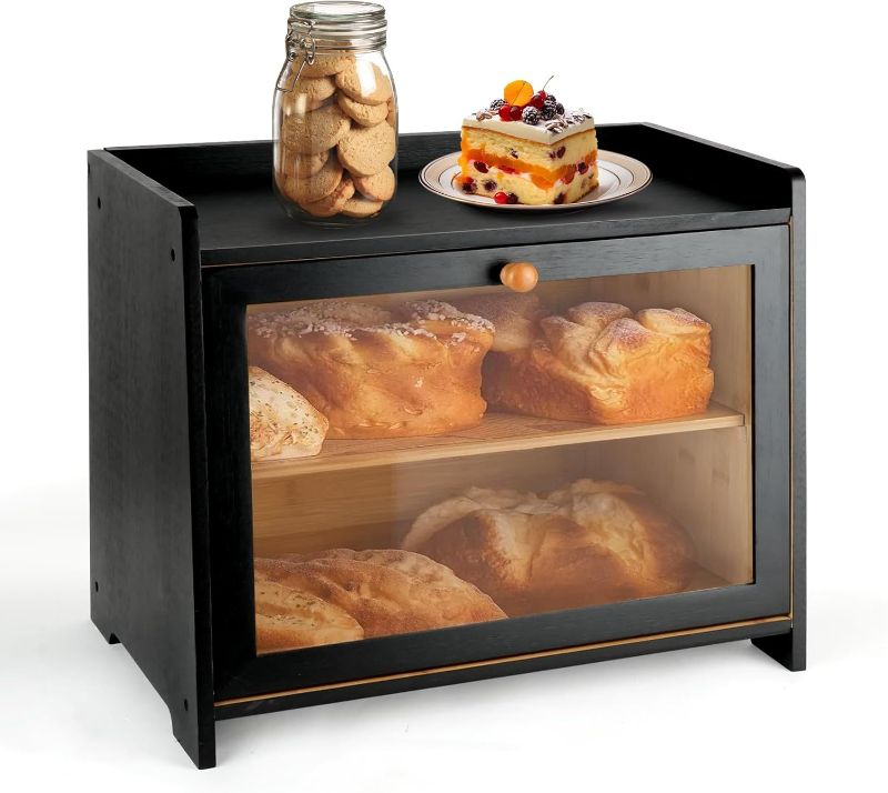 Photo 1 of Bamboo Bread Box for Kitchen Countertop, Double Layer Large Capacity Bread Storage Cabinet with Removable Cutting Board, Black Farmhouse Breadbox Organizer Bin for Countertop Pantry Shelf Cupboard
