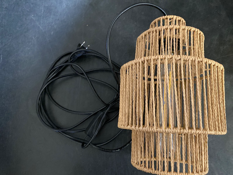 Photo 1 of tebio Plug in Pendant Light with LED Bulb, Boho Hanging Light Fixture with Rattan-Style Shade, 13FT Adjustable Cord and On/Off Switch for Bedroom, Living Room, Kitchen, Easy Installation