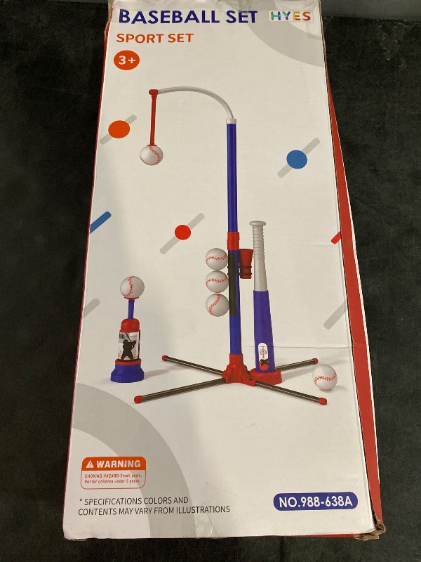 Photo 1 of HYES 3-in-1 Baseball Set for Kids 3-5 - Tee Ball Stand, Hanging Tee, Ball Launcher and 6 Softballs - Adjustable Height, Indoor/Outdoor Sport Gifts for Boys, Blue