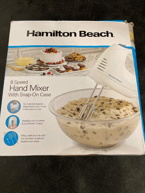 Photo 1 of Hamilton Beach 6-Speed Electric Hand Mixer with Whisk, Traditional Beaters, Snap-On Storage Case, 250 Watts, White