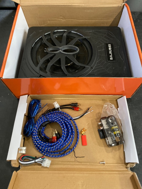 Photo 1 of FILTERUP 10" 1200W Slim Under Seat Powered Car Subwoofer Hideaway Subwoofer with Complete Mounting Wire Kit, Car Truck Audio Subwoofer Built in Amplifier Sub Amp Combo, with Blue LED Ambient Light