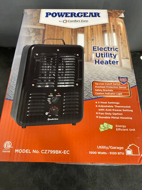 Photo 1 of Comfort Zone Electric Portable Utility Space Heater with Adjustable Thermostat, Overheat Protection, & Tip-Over Switch, 1500W, CZ799BK