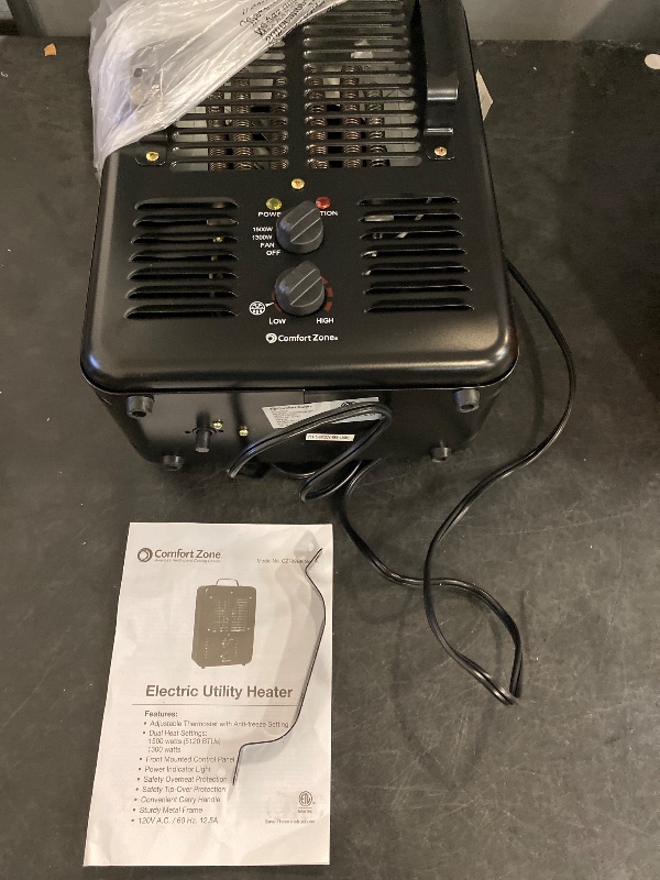 Photo 1 of Comfort Zone Electric Portable Utility Space Heater with Adjustable Thermostat, Overheat Protection, & Tip-Over Switch, 1500W, CZ799BK