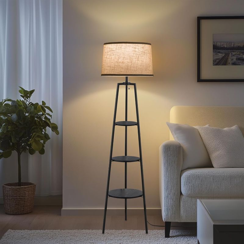 Photo 1 of 3 Tier Shelf Floor Lamps for Living Room, Modern Standing Lamp with 3 Color Temperature Led Bulb, Tall Lamps for Bedroom and Office, Black