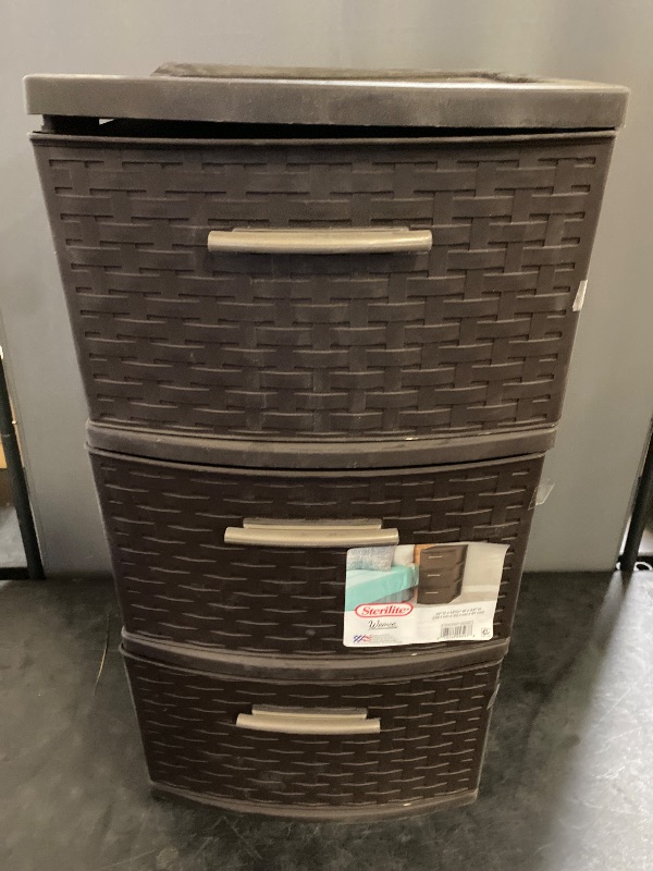 Photo 1 of Sterilite 3 Drawer Tower, Slim Plastic Weave 3 Drawer Tower with Pull Handles, Brown