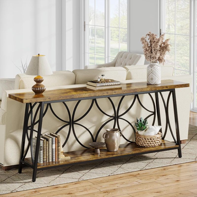 Photo 1 of 70.9-Inch Sofa Table, 2-Tier Narrow Console Table with Storage for Living Room, Entryway, Hallway, Foryer, Geometric Pattern Design (Rustic Brown)
