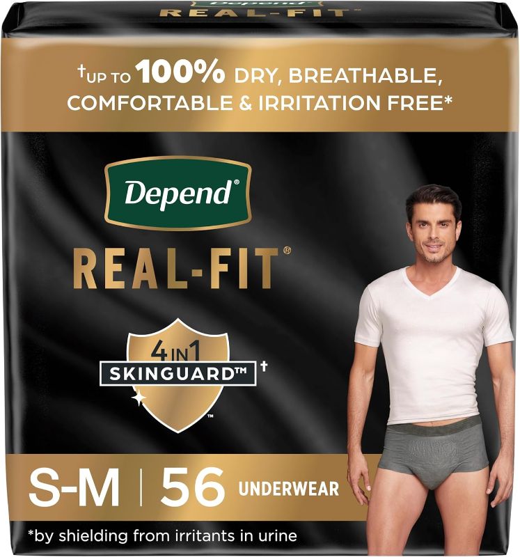 Photo 1 of Depend Real Fit Incontinence Underwear for Men, Disposable, Maximum Absorbency, Small/Medium, Grey, 56 Count (2 Packs of 28), Packaging May Vary