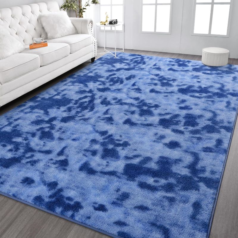 Photo 1 of 7x10 Washable Area Rugs for Living Room Bedroom, Large Low Pile Ulta-Thin Solid Color Rug, Non-Slip Soft Fluffy Carpet for Nursery Kids Room Dorm Room Home Decor (Blue)