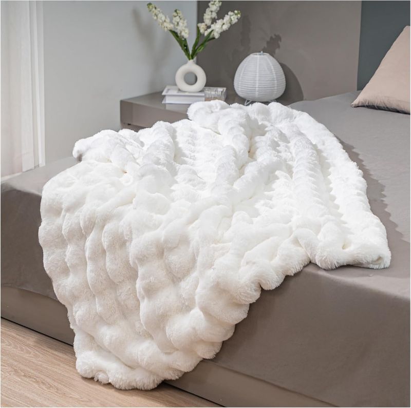 Photo 1 of Luxury White Faux Fur Throw Blanket, 51x62 Inches Double Sided Soft Cozy Thick Bunny Blanket for Couch Sofa Bed, Fuzzy Cloud Bubble Blanket Throws