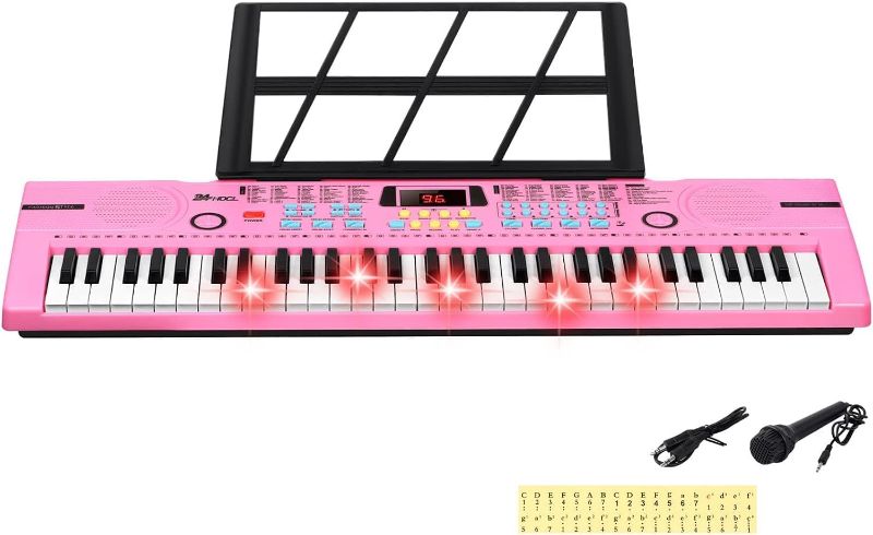 Photo 1 of 61 Keys Keyboard Piano Lighted Keys, Kids Piano Keyboard with UL Adapter, Stand, Built-In Speaker, Mic, Portable Electronic Keyboard for Boys, Girls, Beginners Birthday Holidays Best Gifts