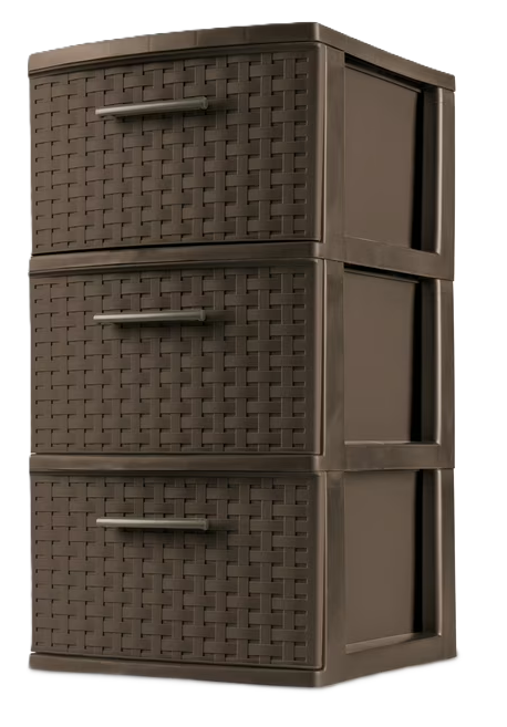 Photo 1 of Sterilite 3 Drawer Tower, Slim Plastic Weave 3 Drawer Tower with Pull Handles, Brown