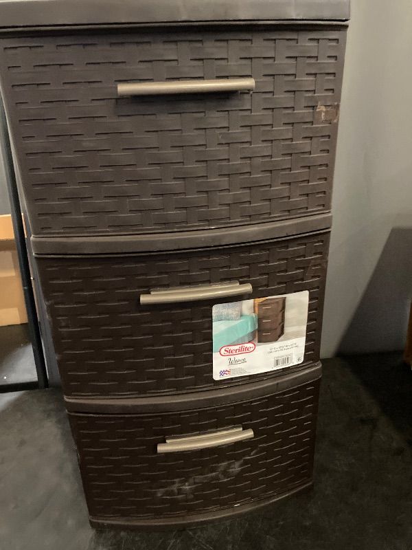 Photo 1 of Sterilite 3 Drawer Tower, Slim Plastic Weave 3 Drawer Tower with Pull Handles, Brown