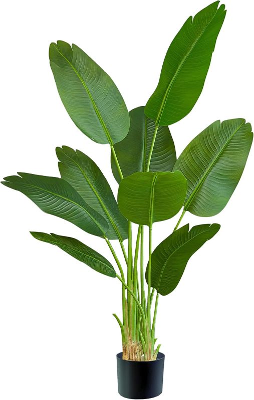 Photo 1 of Lifelike Bird of Paradise Silk Artificial Plant Faux Banana Leaf Tree for Home Decor - Perfect Indoor Floor Plant with 9 Trunks (1, Black Planter, 5 FT)