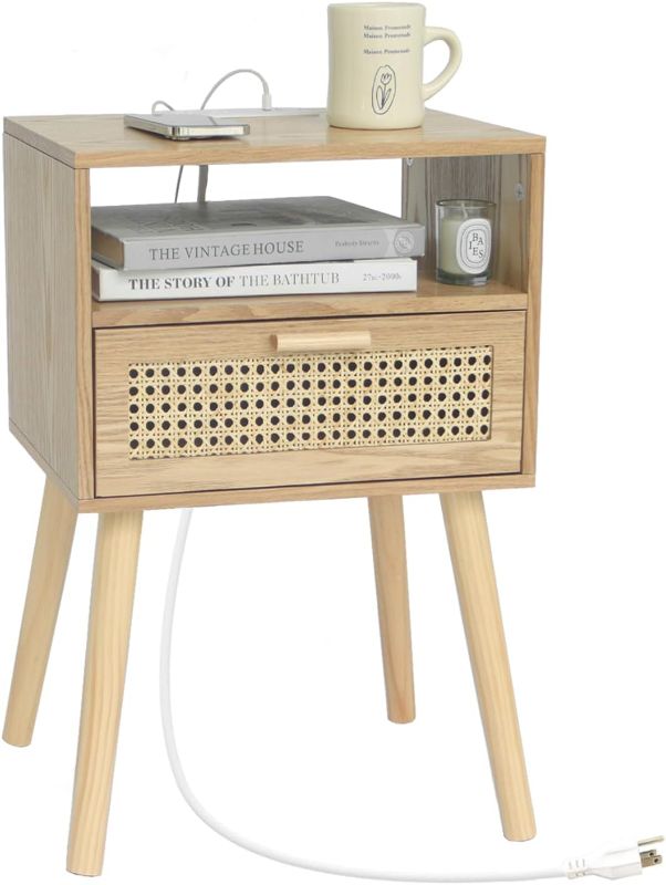Photo 1 of Bedside Table, Small Nightstand with Charging Station, Rattan Side Table Small Wood End Table for Living Room, Bedroom and Small Spaces, Mid Century Modern Nightstand, Easy Assembly (Natural)