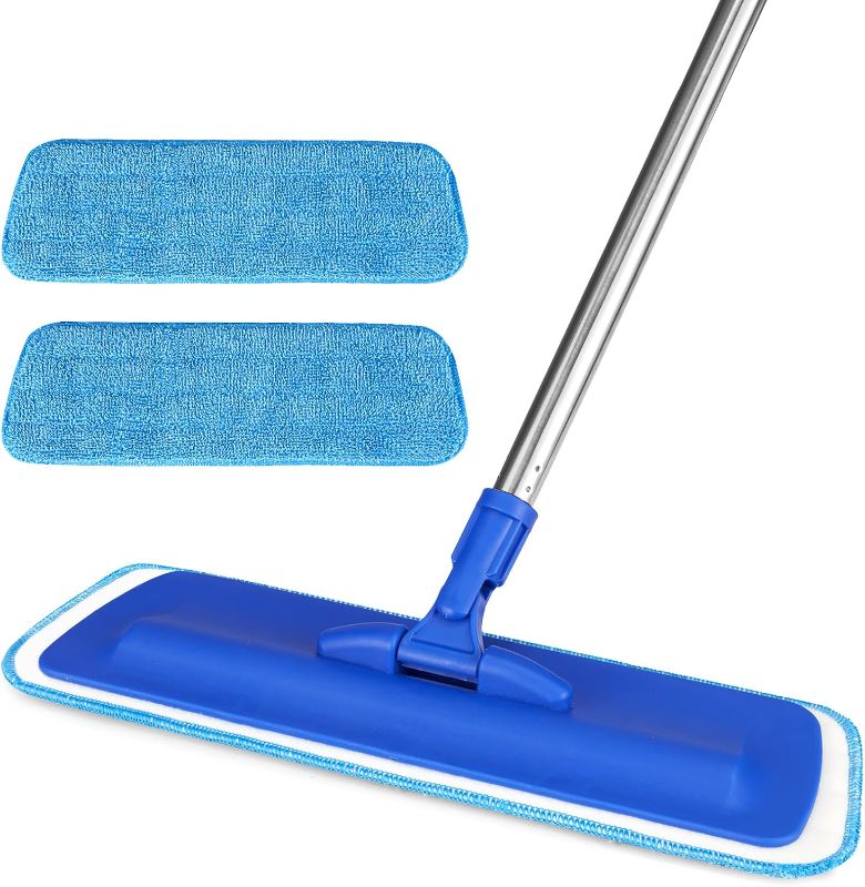 Photo 1 of 17.5" Professional Microfiber Floor Cleaning Mop, Flat Mop with Stainless Steel Handle, 2 Reusable Washable Pads, Wet and Dust Mopping for Hardwood, Vinyl, Laminate, Tile Cleaning (Blue)