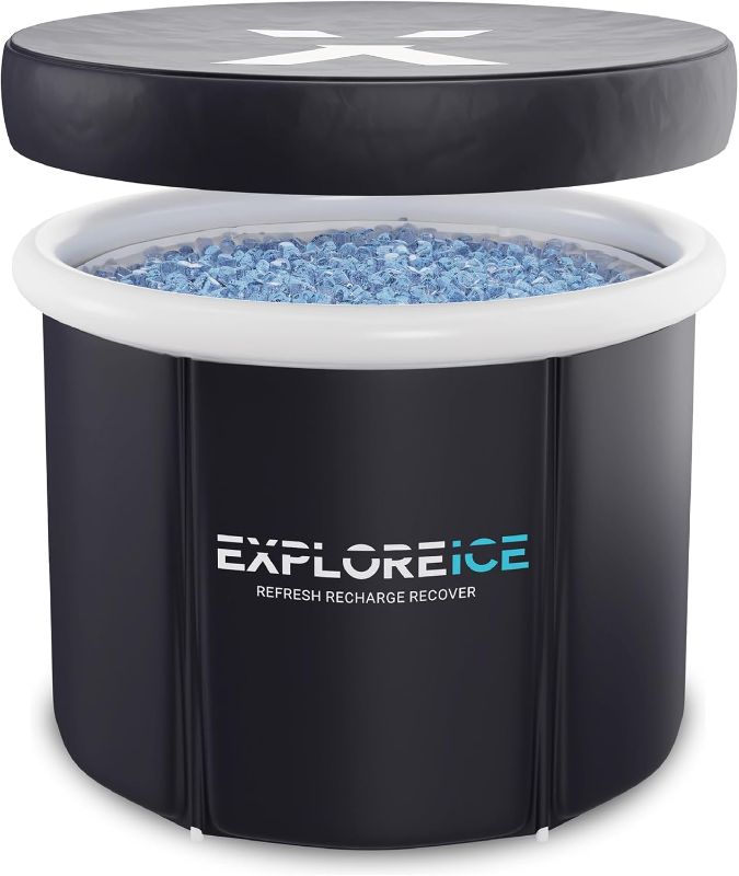 Photo 1 of Explore Ice Bath Pro Max Extra Large Outdoor Inflatable Portable Athlete Cold Water Therapy Plunge Barrel Bath Tub with Lid and Carry Bag, Black/White