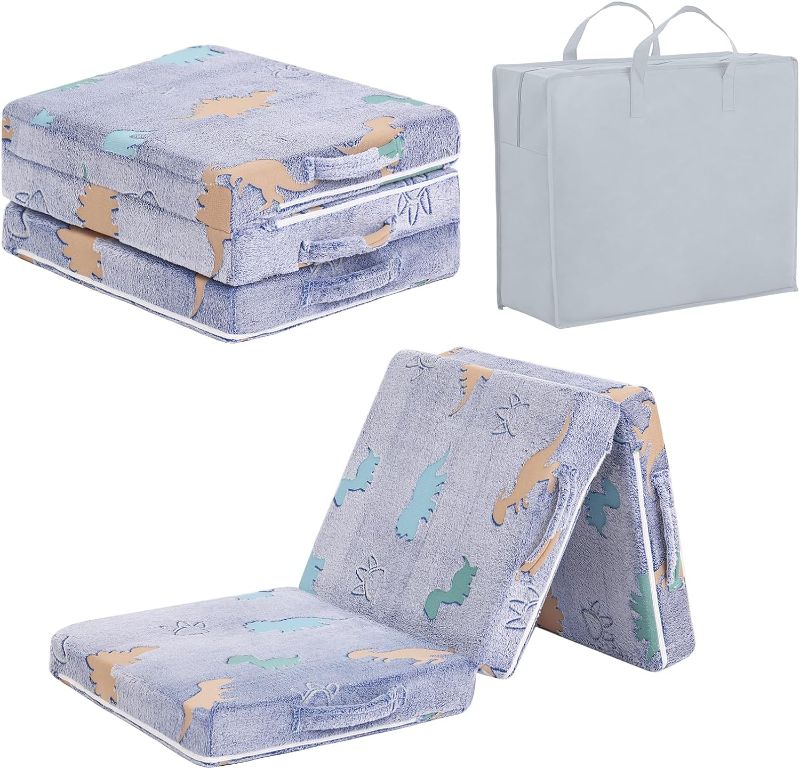 Photo 1 of Trifold Floor Mattress for Kids, Glow in The Dark Baby Kids Futon with Removable Cover, Portable Foam Toddler Nap Mat with Storage Bag for Girls and Boys, Blue Dinosaur