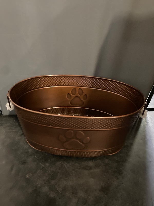 Photo 1 of Indestructible Metal Dog Toy Bin - Copper Galvanized Storage Bin with Handles, Dog Toy Box for Dog Chew Toys, Blankets, & Leashes, Paw Pet Toy Box (25-Quart)