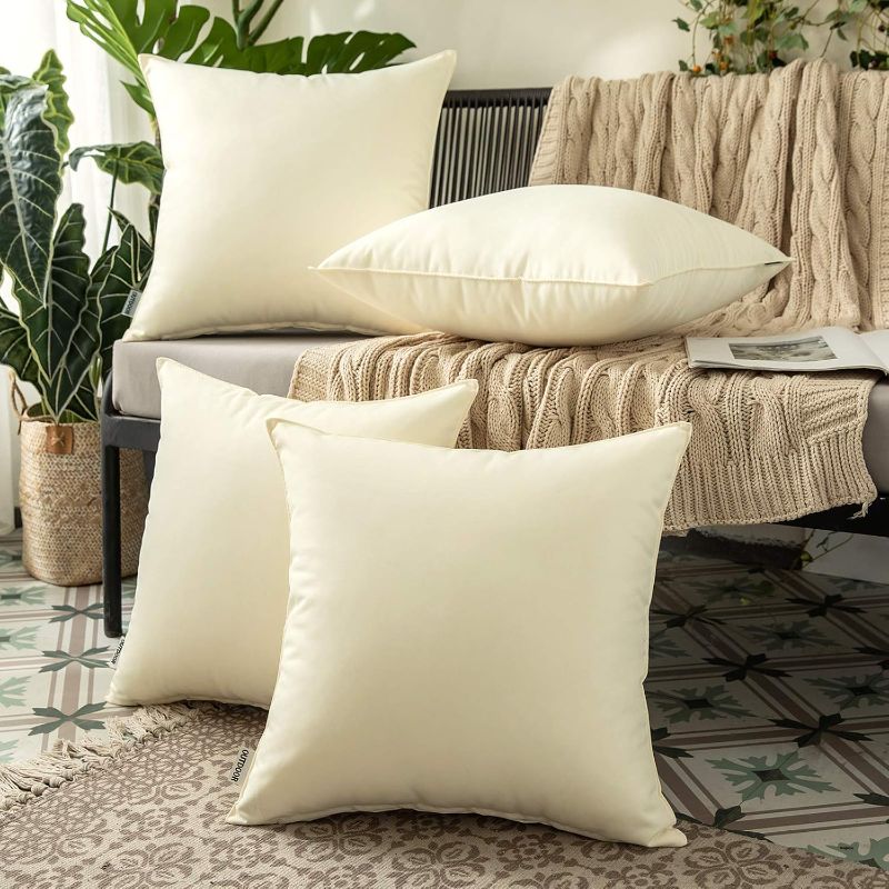 Photo 1 of Pack of 4 Decorative Outdoor Summer Pillow Covers Square Cushion Cases PU Coating Waterproof Throw Pillowcase Shell for Living Room Couch Sofa Garden Tent Park 18x18 Inch Beige