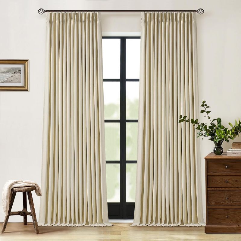 Photo 1 of Khaki 90 Inch Linen Blackout Curtains Pinch Pleated for Living Room Thermal Noise Reduction Two Layer 100% Black Out Curtain Back Tab Pinch Pleat Rings Hooks Window Drapes for Track System