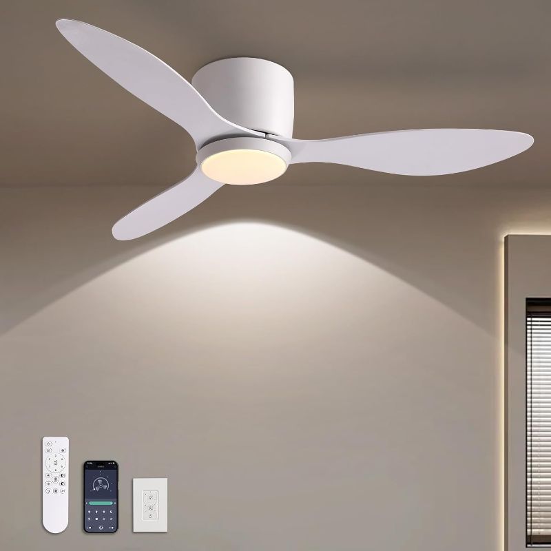 Photo 1 of Ceiling Fans with Lights,42 Inch Low Profile Ceiling Fan with Wall Control and Remote Control,Dimmable,Flush Mount Ceiling Fan with Noiseless DC Reversible Motor for Bedroom Indoor Use