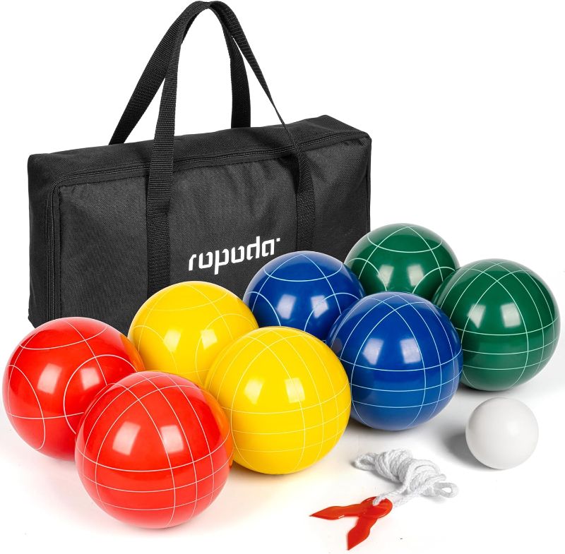 Photo 1 of 100mm Bocce Ball Set Regulation Size and Weight with 8 Resin Bocce Balls, 50 mm Pallino, Carrying Bag, Measuring Rope, Backyard/Lawn/Beach/Outdoor, Bocci Games (Multi Colors, 2-8 Players)