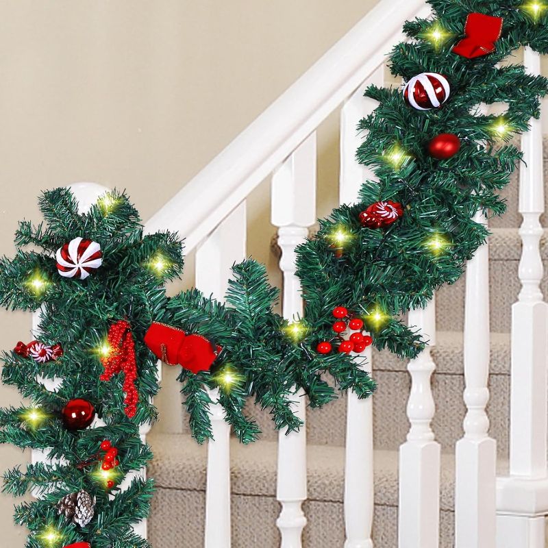 Photo 1 of 4 Pack 9 FT LED Christmas Garland with Pinecones Red Berries Bows Christmas Balls Candies, Multi-Function Christmas Garland with 50 Warm White LED Lights, 180 Branch Tips